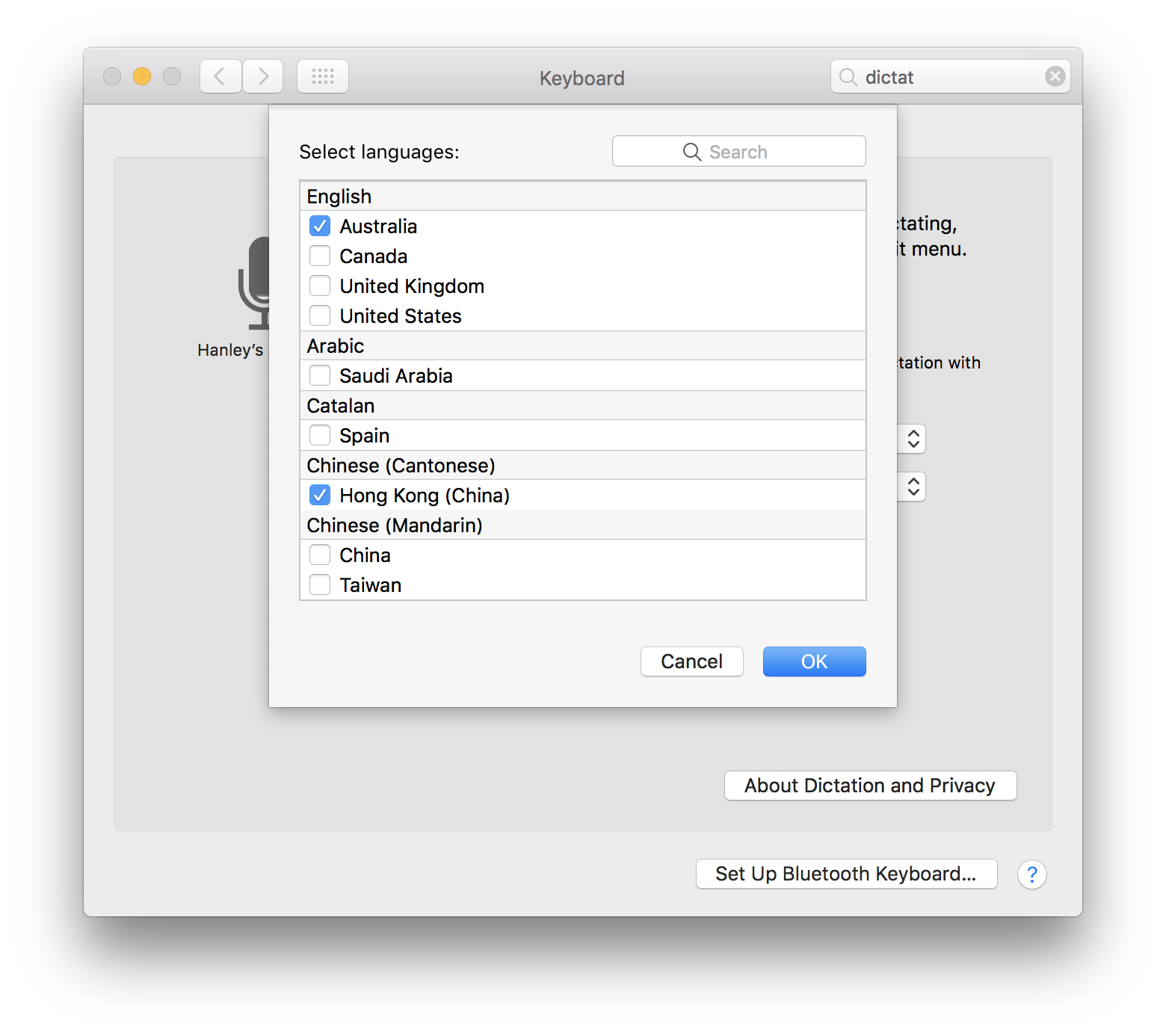 macOS dictation settings showing Chinese (Cantonese): Hong Kong (China)